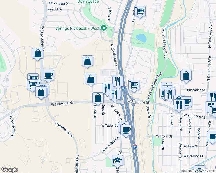 map of restaurants, bars, coffee shops, grocery stores, and more near 3150 North Chestnut Street in Colorado Springs