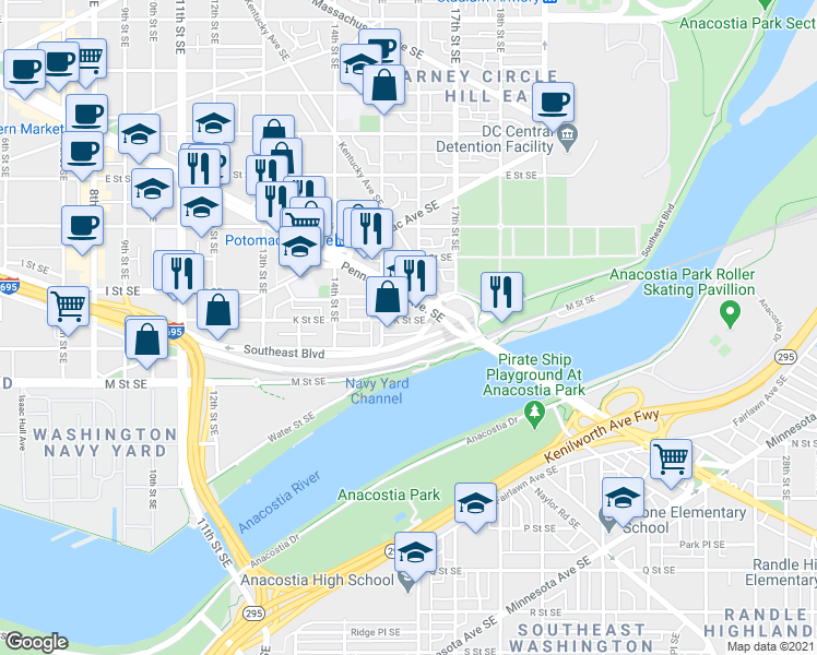 map of restaurants, bars, coffee shops, grocery stores, and more near 1523 K Street Southeast in Washington