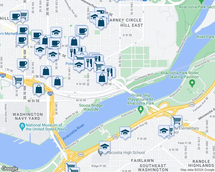 map of restaurants, bars, coffee shops, grocery stores, and more near 1523 K Street Southeast in Washington