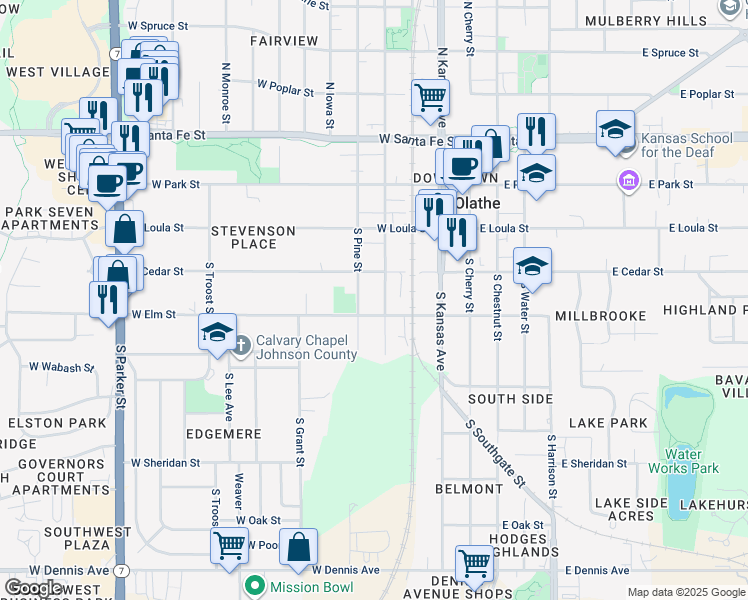 map of restaurants, bars, coffee shops, grocery stores, and more near 316 South Pine Street in Olathe