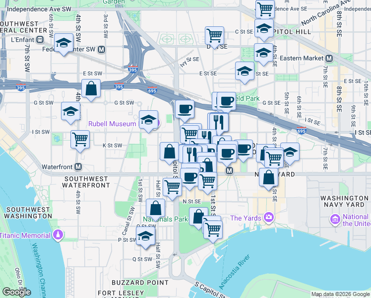 map of restaurants, bars, coffee shops, grocery stores, and more near 101 Independence Avenue Southeast in Washington