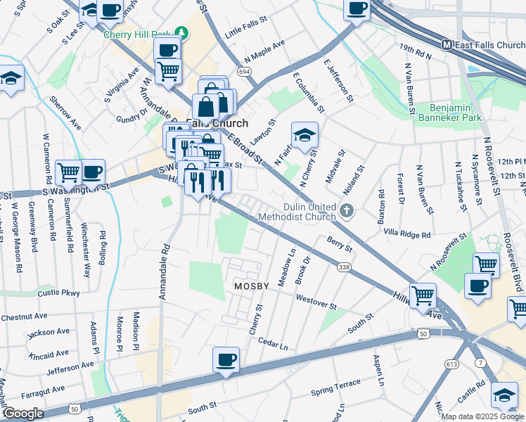 map of restaurants, bars, coffee shops, grocery stores, and more near 106 Whittier Circle in Falls Church