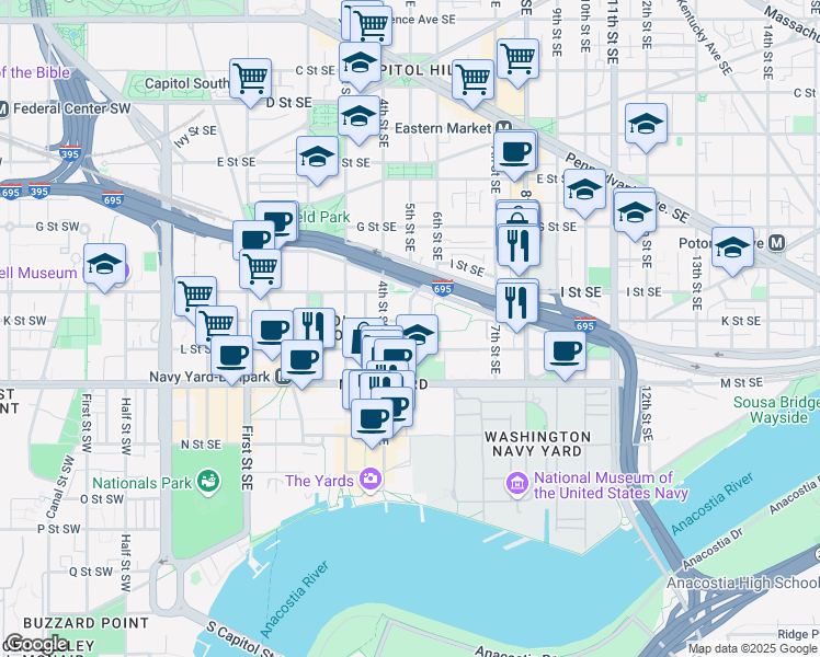 map of restaurants, bars, coffee shops, grocery stores, and more near 1019 5th Street Southeast in Washington