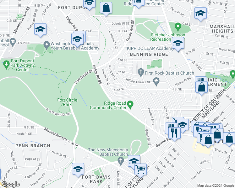 map of restaurants, bars, coffee shops, grocery stores, and more near 4202 Hildreth Street Southeast in Washington