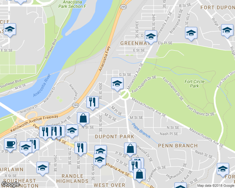 map of restaurants, bars, coffee shops, grocery stores, and more near 1 Randle Circle Southeast in Washington