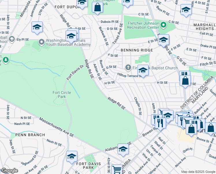 map of restaurants, bars, coffee shops, grocery stores, and more near 4202 Hildreth Street Southeast in Washington