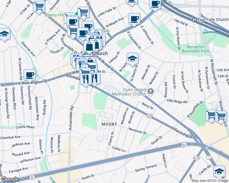 map of restaurants, bars, coffee shops, grocery stores, and more near 106 Whittier Circle in Falls Church