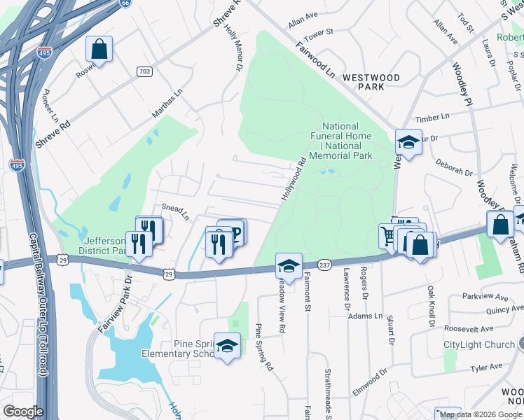 map of restaurants, bars, coffee shops, grocery stores, and more near 2800 Hollywood Road in Falls Church