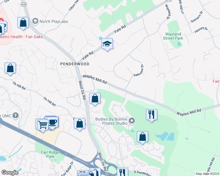 map of restaurants, bars, coffee shops, grocery stores, and more near 12101 Waples Mill Road in Oakton