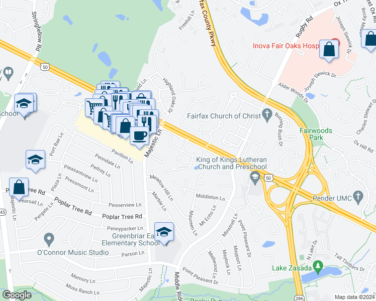 map of restaurants, bars, coffee shops, grocery stores, and more near 12896 Grays Pointe Road in Fairfax