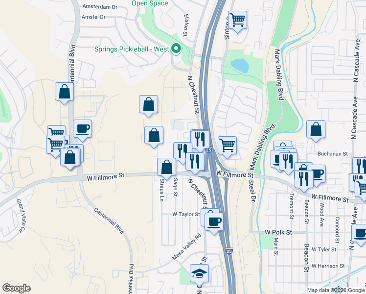 map of restaurants, bars, coffee shops, grocery stores, and more near 3150 North Chestnut Street in Colorado Springs