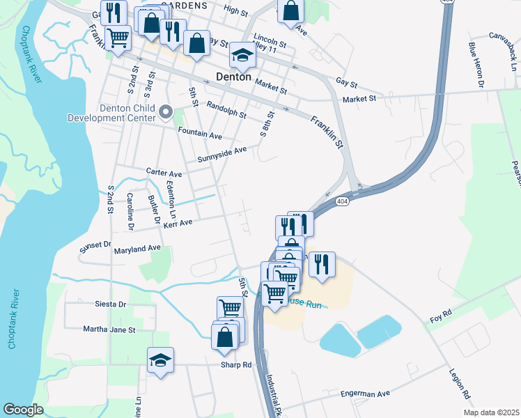 map of restaurants, bars, coffee shops, grocery stores, and more near 520 Kerr Avenue in Denton