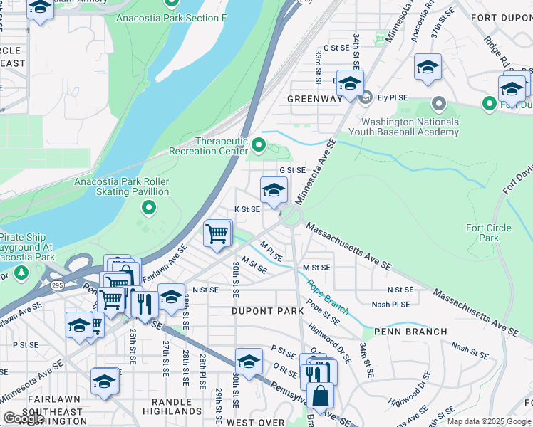 map of restaurants, bars, coffee shops, grocery stores, and more near 3101 K Street Southeast in Washington