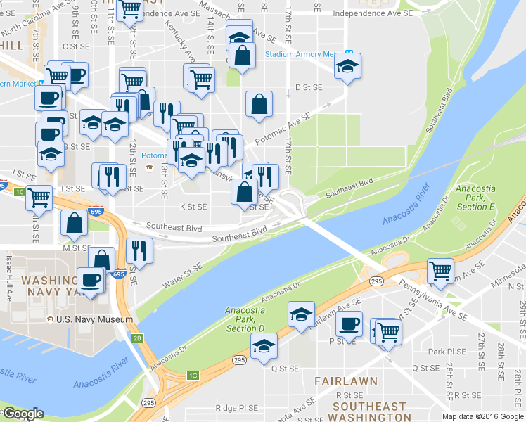 map of restaurants, bars, coffee shops, grocery stores, and more near 101 Independence Avenue Southeast in Washington