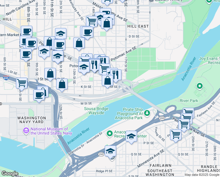 map of restaurants, bars, coffee shops, grocery stores, and more near 101 Independence Avenue Southeast in Washington