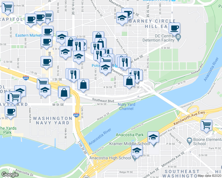 map of restaurants, bars, coffee shops, grocery stores, and more near 101 Independence Avenue Southeast in Washington