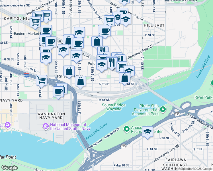 map of restaurants, bars, coffee shops, grocery stores, and more near 101 Independence Avenue Southeast in Washington
