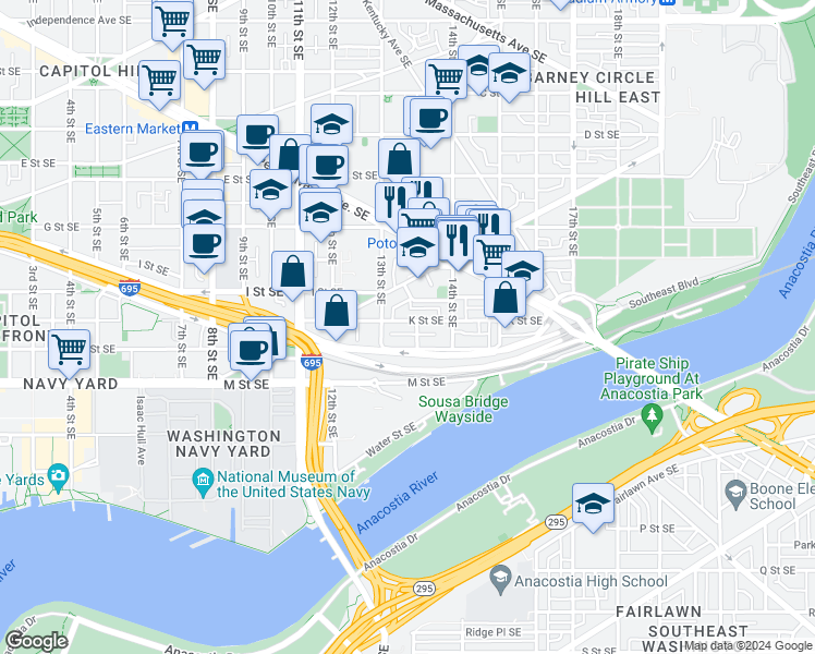 map of restaurants, bars, coffee shops, grocery stores, and more near 101 Independence Avenue Southeast in Washington