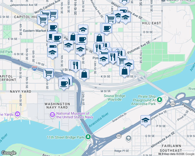 map of restaurants, bars, coffee shops, grocery stores, and more near 101 Independence Avenue Southeast in Washington