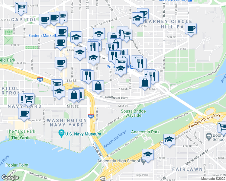 map of restaurants, bars, coffee shops, grocery stores, and more near 101 Independence Avenue Southeast in Washington