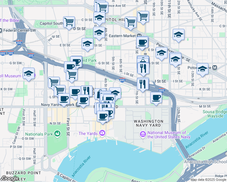 map of restaurants, bars, coffee shops, grocery stores, and more near 101 Independence Avenue Southeast in Washington