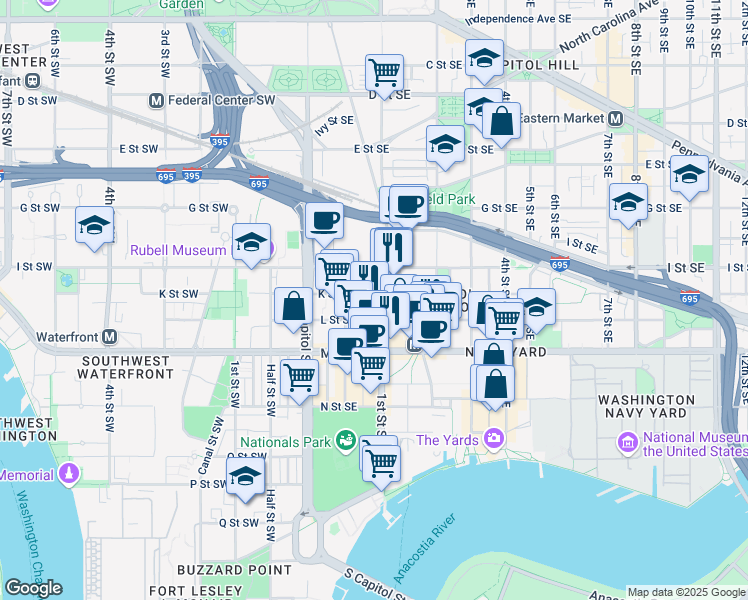 map of restaurants, bars, coffee shops, grocery stores, and more near 101 Independence Avenue Southeast in Washington