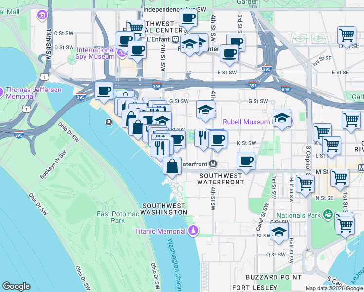 map of restaurants, bars, coffee shops, grocery stores, and more near 101 Independence Avenue Southeast in Washington