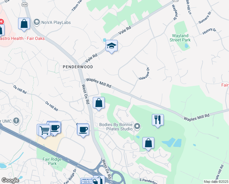 map of restaurants, bars, coffee shops, grocery stores, and more near 12101 Waples Mill Road in Oakton