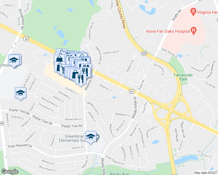 map of restaurants, bars, coffee shops, grocery stores, and more near 12896 Grays Pointe Road in Fairfax