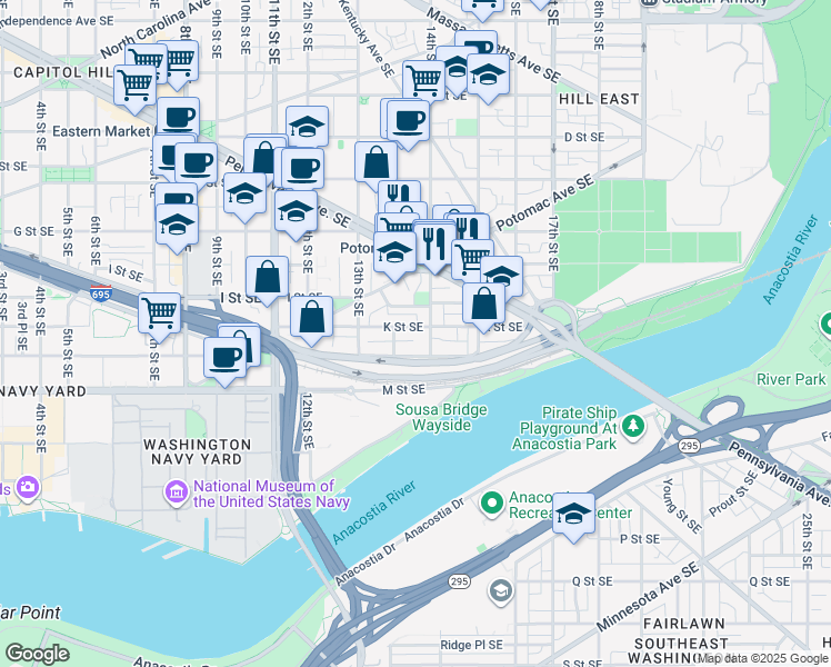 map of restaurants, bars, coffee shops, grocery stores, and more near 101 Independence Avenue Southeast in Washington