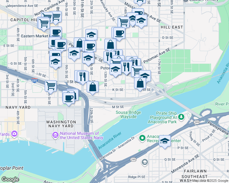 map of restaurants, bars, coffee shops, grocery stores, and more near 101 Independence Avenue Southeast in Washington