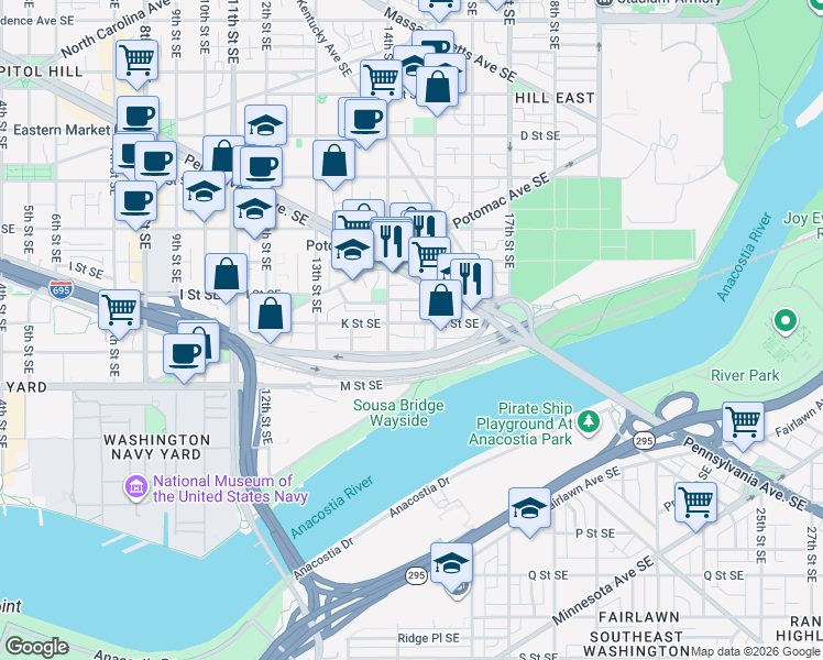 map of restaurants, bars, coffee shops, grocery stores, and more near 101 Independence Avenue Southeast in Washington