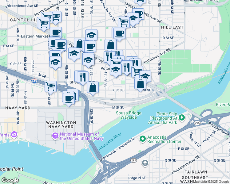 map of restaurants, bars, coffee shops, grocery stores, and more near 1337 K Street Southeast in Washington