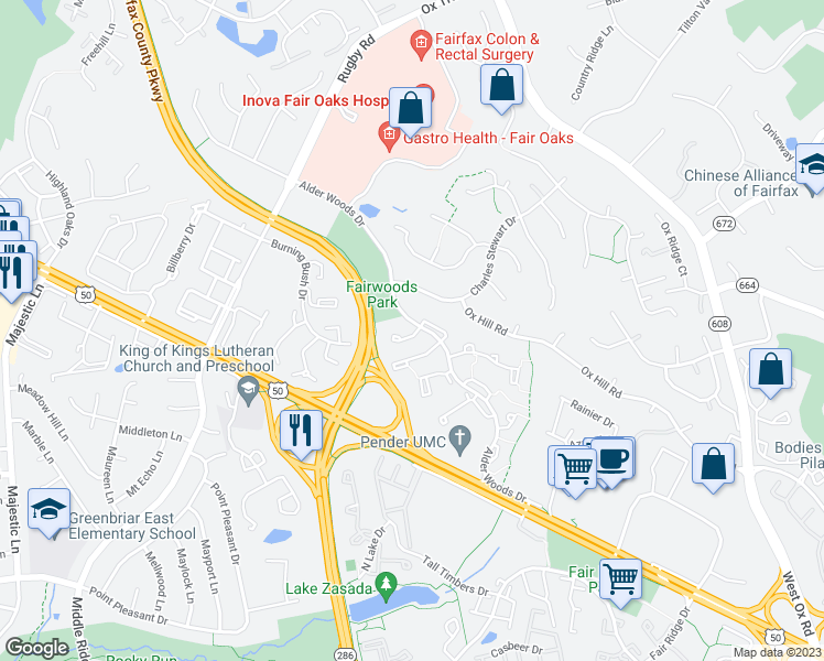 map of restaurants, bars, coffee shops, grocery stores, and more near 3850 Alder Woods Court in Fairfax