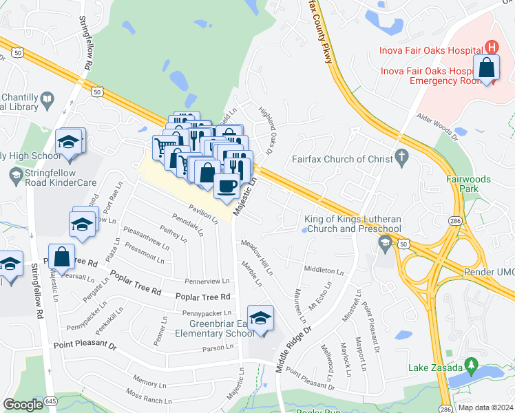 map of restaurants, bars, coffee shops, grocery stores, and more near 4023 Majestic Lane in Fairfax