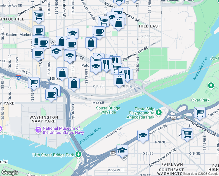 map of restaurants, bars, coffee shops, grocery stores, and more near 1415 K Street Southeast in Washington