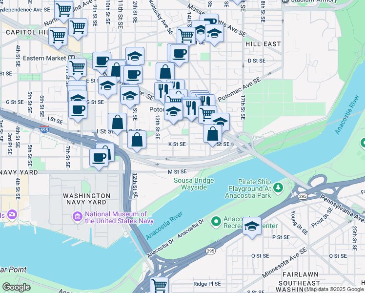 map of restaurants, bars, coffee shops, grocery stores, and more near 1363 K Street Southeast in Washington