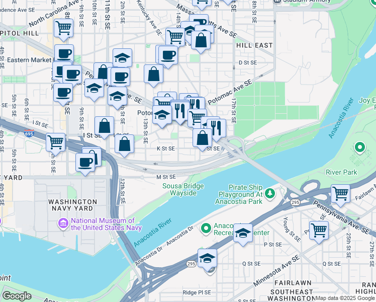 map of restaurants, bars, coffee shops, grocery stores, and more near 101 Independence Avenue Southeast in Washington