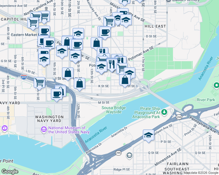 map of restaurants, bars, coffee shops, grocery stores, and more near 101 Independence Avenue Southeast in Washington