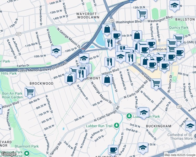 map of restaurants, bars, coffee shops, grocery stores, and more near 750 North Buchanan Street in Arlington