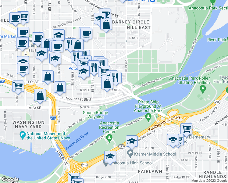 map of restaurants, bars, coffee shops, grocery stores, and more near 101 Independence Avenue Southeast in Washington