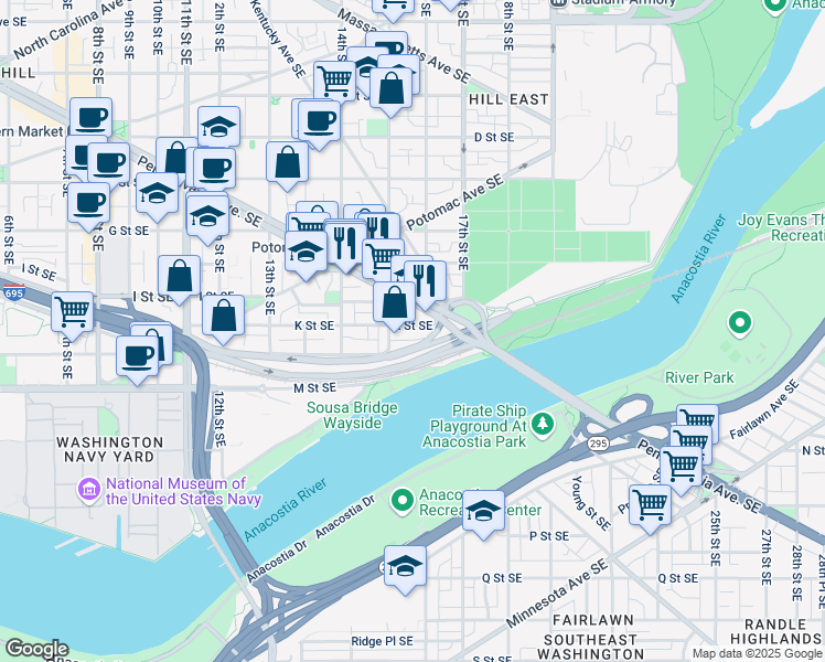 map of restaurants, bars, coffee shops, grocery stores, and more near 101 Independence Avenue Southeast in Washington