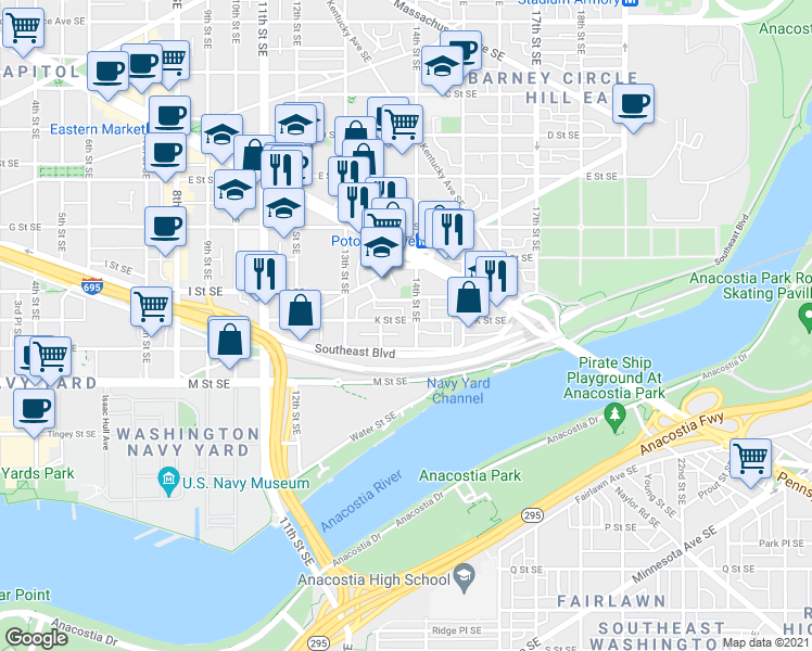 map of restaurants, bars, coffee shops, grocery stores, and more near 101 Independence Avenue Southeast in Washington