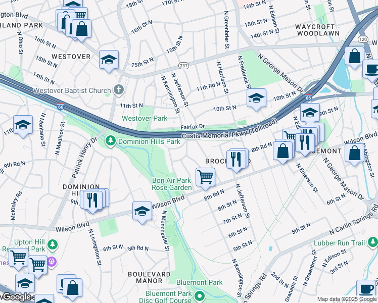 map of restaurants, bars, coffee shops, grocery stores, and more near 901 North Kensington Street in Arlington