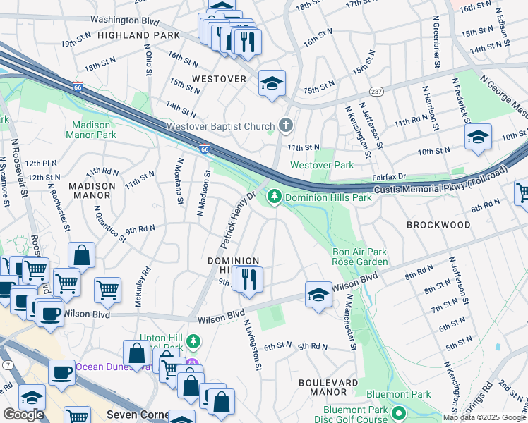 map of restaurants, bars, coffee shops, grocery stores, and more near 5913 10th Road North in Arlington