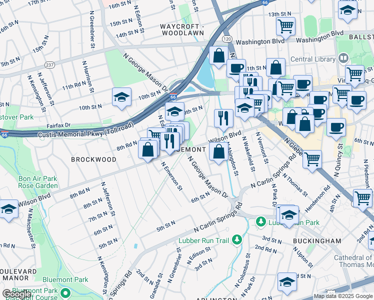 map of restaurants, bars, coffee shops, grocery stores, and more near Wilson Boulevard in Arlington