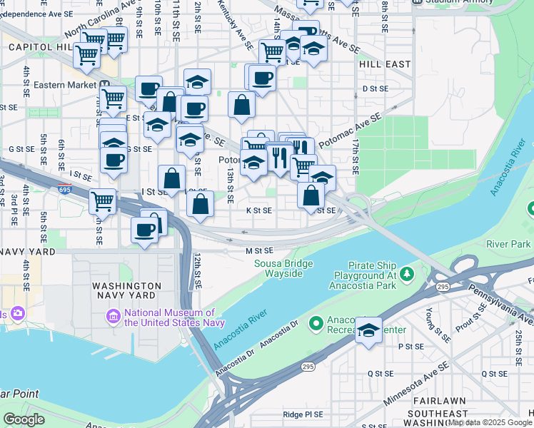 map of restaurants, bars, coffee shops, grocery stores, and more near 1363 K Street Southeast in Washington
