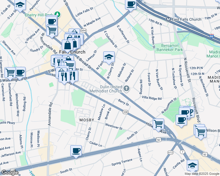 map of restaurants, bars, coffee shops, grocery stores, and more near 408 East Broad Street in Falls Church