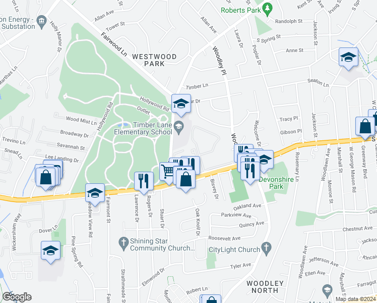 map of restaurants, bars, coffee shops, grocery stores, and more near 2804 Lee Oaks Place in Falls Church