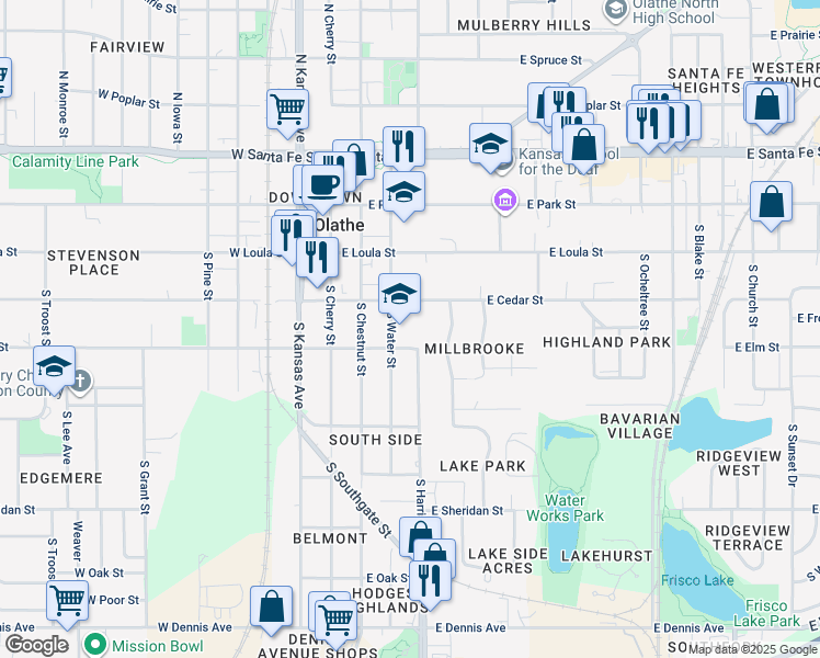 map of restaurants, bars, coffee shops, grocery stores, and more near 324 South Water Street in Olathe